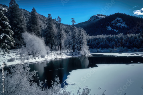 Glistening blue ice and hills of pines in winter, generative ai