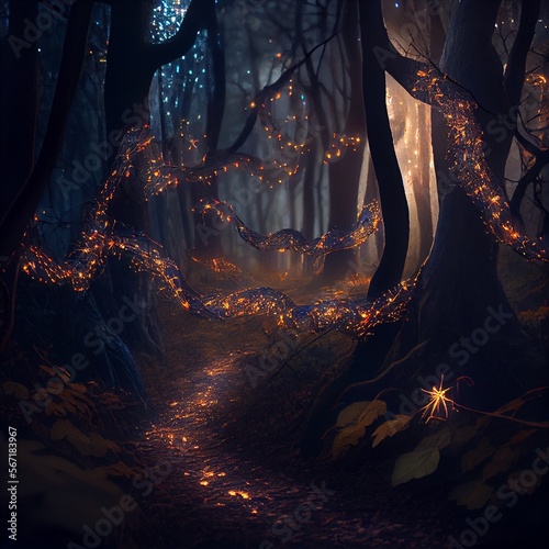 Enchanted forest with glowing lights, generative ai