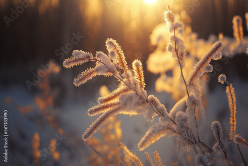 Golden sun rays fall on hoarfrost-covered twigs in winter, generative ai
