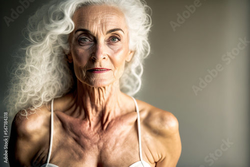 Attractive 65 year old senior woman, making up and posing, isolated on studio background. Ai generated