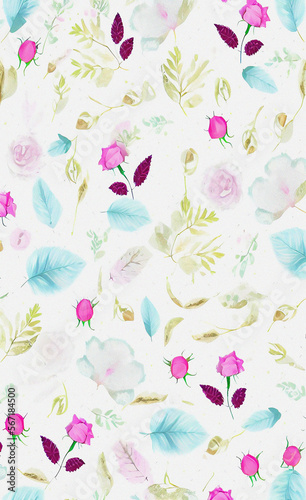 Colorful background with flowers and leaves, floral illustration, pattern