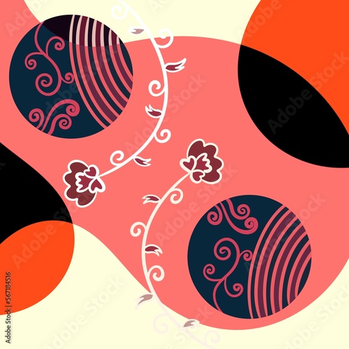 Minimalist flowers in modern and red background with black, modern nature, botanical, chinese style Ilustración sin título