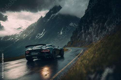 Sports car driving in mountains. Generative AI