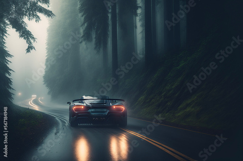 Sports car driving through misty forest. Generative AI