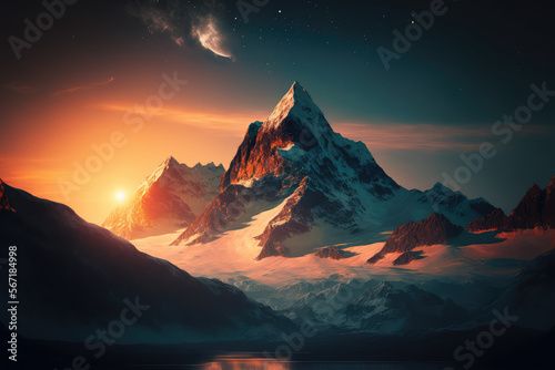 The sun sets behind the majestic silhouette of a snowy mountain range, generative ai