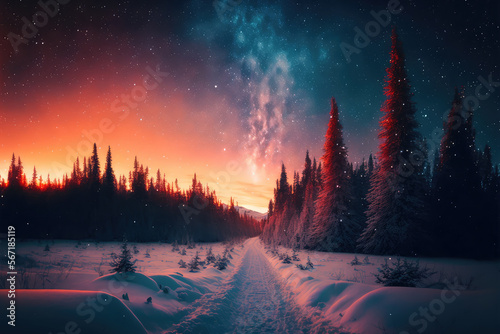Vibrant sunrise over a serene winter forest with a starry sky, generative ai © aicandy