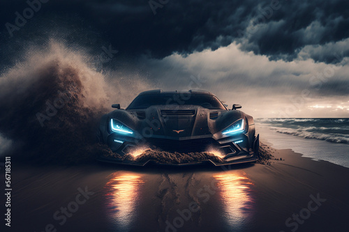 Sports car on beach at night. Generative AI © Pixelated Paradise