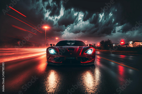 Sports car driving in night. Generative AI © Pixelated Paradise