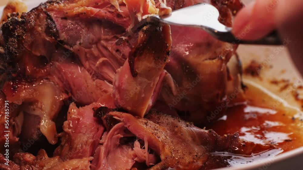 Roasted pork knee on dish, traditional czech republic food, German pulled pork.