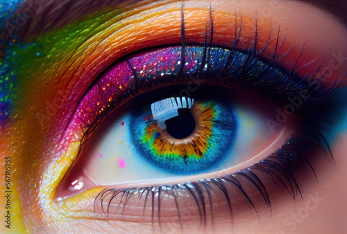 Close-Up of a Beautiful Woman's Eye with Rainbow Make-Up 