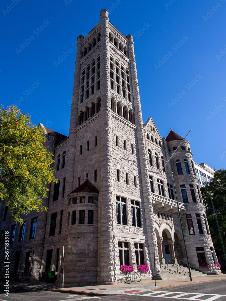 The Syracuse City Hall with clear blue sky, in Syracuse, New York State.