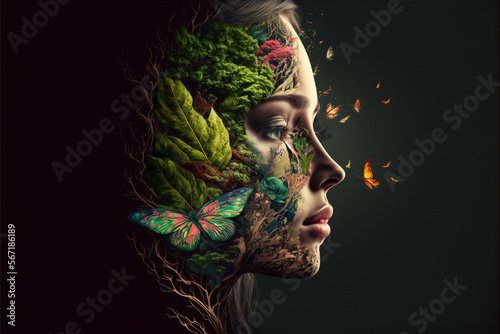 Mother nature concept seamlessly merged with beautiful face portrait of a young woman. Ai generated