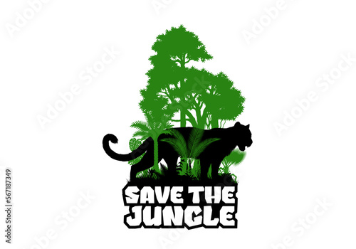 vector rainforest jungle forest with leopard or jaguar. Sublimation sticker with the inscription "Save the jungle"