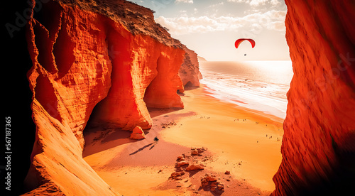 Kitesurfing, Stunning Sunset on the red arches of the sea beach. digital art