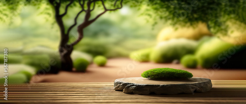 Empty wood table top with blur Japanese Zen Garden. , for display or montage your products. digital art