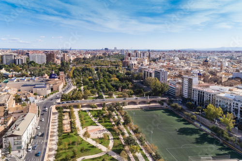 Aerial view of Valencia old city with Jardín del Turia, Turia Park, Spain
