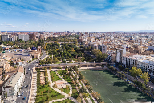 Aerial view of Valencia old city with Jardín del Turia, Turia Park, Spain © TambolyPhotodesign