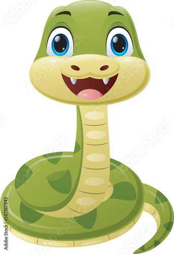 Cute green snake cartoon on white background