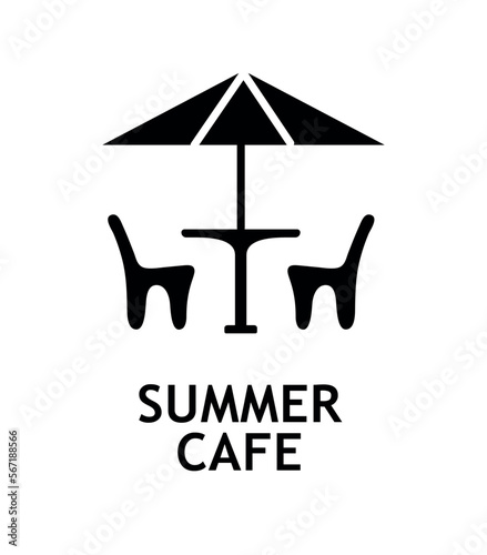 Summer cafe black icon. Place for cultural rest after work or study and romantic dates. Advertising sign and modern methods of marketing and promotion on Internet. Cartoon flat vector illustration