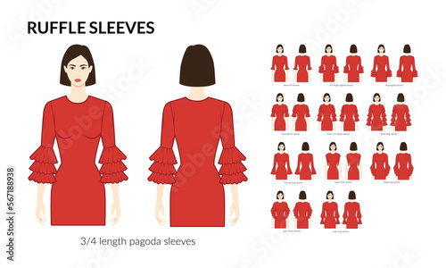 Set of Ruffle sleeves clothes frill, pagoda, tiered, flounce, angel, poet technical fashion illustration with fitted body. Flat apparel template front, back sides. Women, men unisex CAD mockup