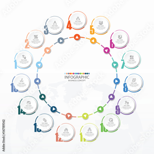 Basic circle infographic with 15 steps, process or options.