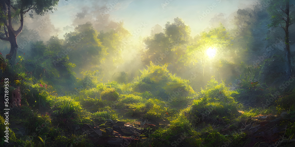 Morning in the forest, dreamy magical concept art Morning in the forest, dreamy magical concept art