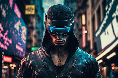 Menacing looking male in VR headset pictured against a well lit city street, urban gaming warrior, generative AI illustration