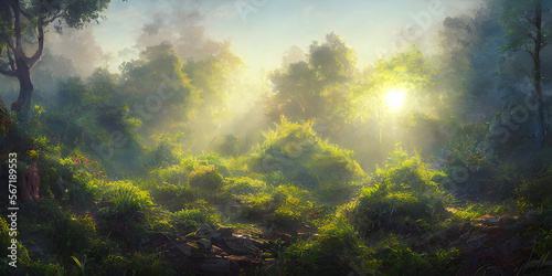 Morning in the forest, dreamy magical concept art