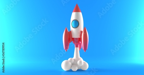 3D Rocket launch on blue background, Spaceship icon, startup business concept. 3d rendering. 