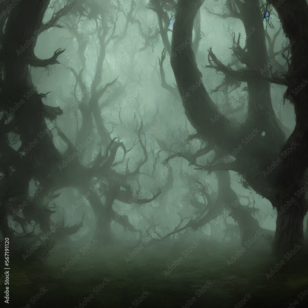 Fototapeta premium thick trees in the middle of the forest with fog