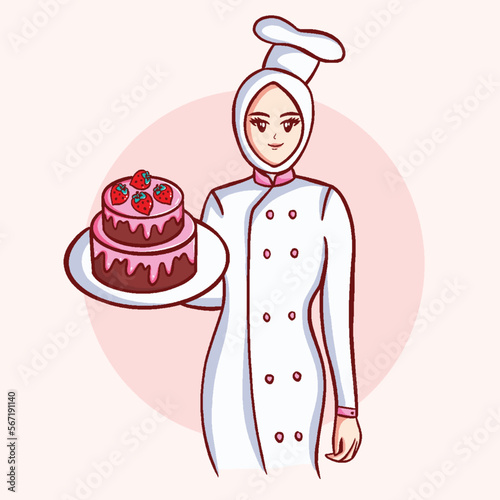 Cute moslem chef woman with bakery mascot logo character