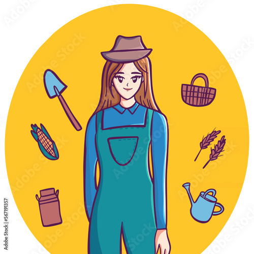 cute farmer woman with garden tools illustration logo photo