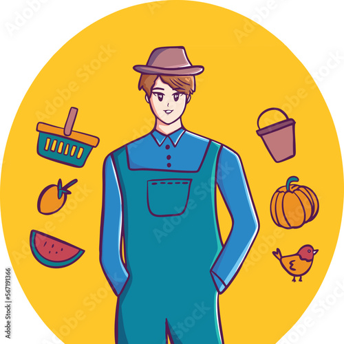 cute farmer man with garden tools illustration logo photo