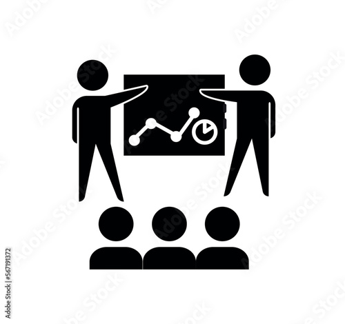 Business conference black icon. Men near slide with charts, financial literacy and marketing research. Analysts speak publicly, show report and infographics. Cartoon flat vector illustration