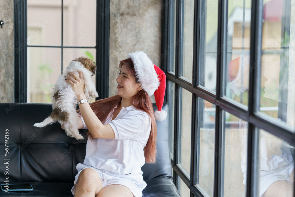 Asian woman relax on sofa in holiday with her dog, pet lover. Asian woman relax on sofa in holiday with her dog, pet lover.