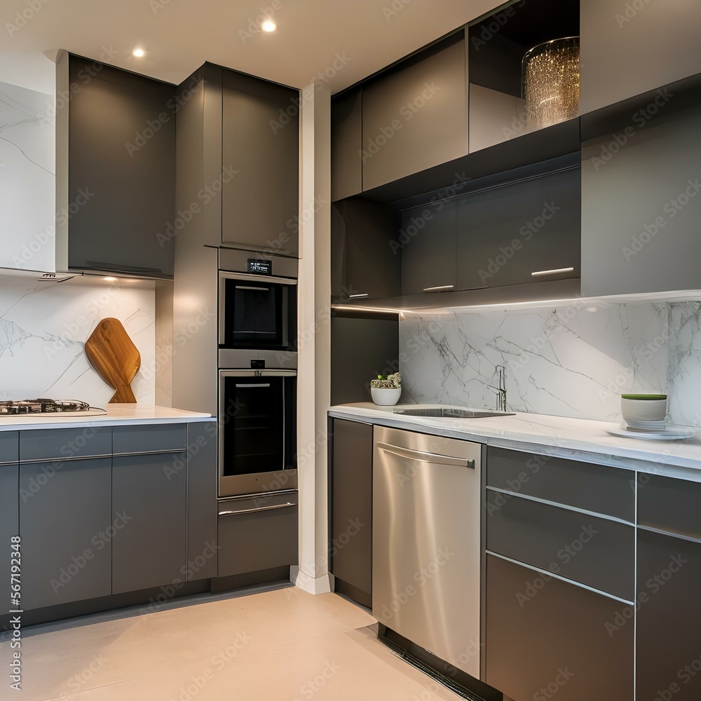 Fototapeta premium Minimalist kitchen with gray cabinets and a white marble countertop2, Generative AI
