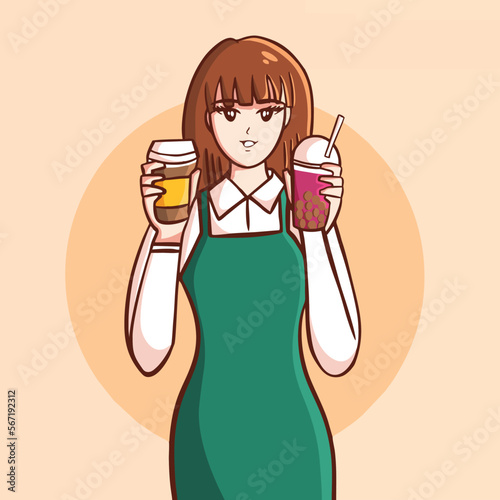 cute waiters girl with  juice, bubble milk tea logo cartoon art illustration
