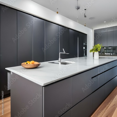 Minimalist kitchen with gray cabinets and white countertops3, Generative AI