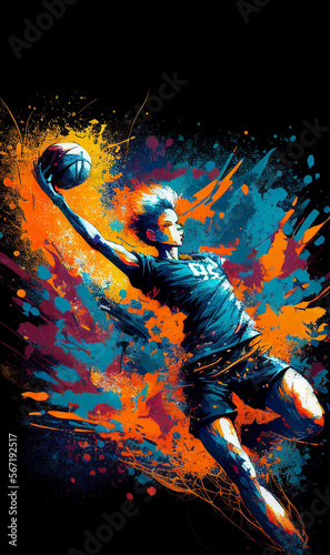 Rugby sport player colorful splash vertical banner on black illustration with copy space. Generative AI graphic