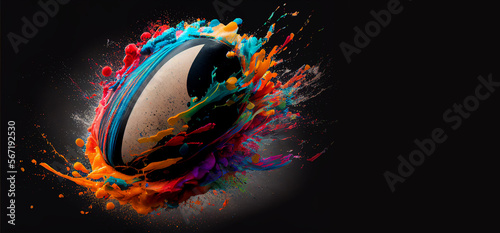Rugby ball colorful splash on black illustration sport horizontal banner with copy space. Generative AI graphic photo