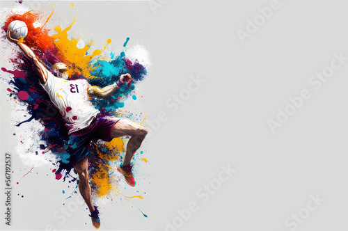 Fototapeta Naklejka Na Ścianę i Meble -  Volleyball sport player colorful splash horizontal banner on white illustration with copy space. Generative AI graphic