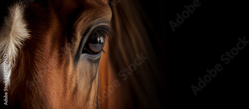 Extreme close up of horse eyes front view looking at camera banner with copy space. Generative AI photo