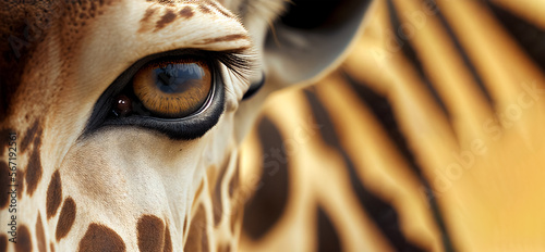 Extreme close up of giraffe eye front view looking at camera horizontal banner with copy space. Generative AI photo