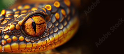 Extreme close up of snake eye front view looking at camera horizontal banner with copy space. Generative AI