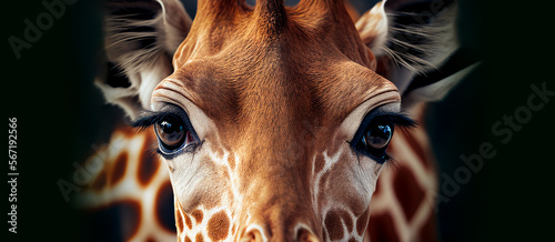 Extreme close up of giraffe eyes front view looking at camera banner with copy space. Generative AI