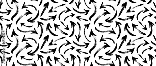 Hand drawn bold curved arrows seamless pattern. Vector black arrows collection. Sketchy design, swirled lines in grunge style. Curved and swirl lines. Squiggly brush drawn strokes. 