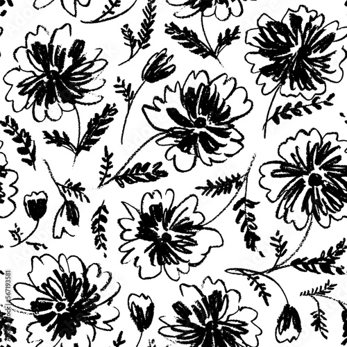 Seamless patterns with pencil drawn flowers. Hand drawn chamomiles or chrysanthemums vector ornament. Abstract spring flowers with stems, leaves and buds. Botanical ornament in childish style. © Анастасия Гевко