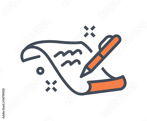 Planning orange icon. Pen with document, metaphor for successful negotiations, making deal. Business processes and efficient work. To do list. Cartoon flat vector illustration