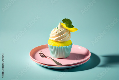 Lemon poppy cupcake on a blue minimalistic plate on a pink background. Composition with hard shadows from the sun. AI photo