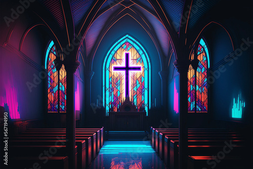 Fotografie, Tablou Neon Church Interior, Pews, Altar, Cross, Stained Glass Generative AI